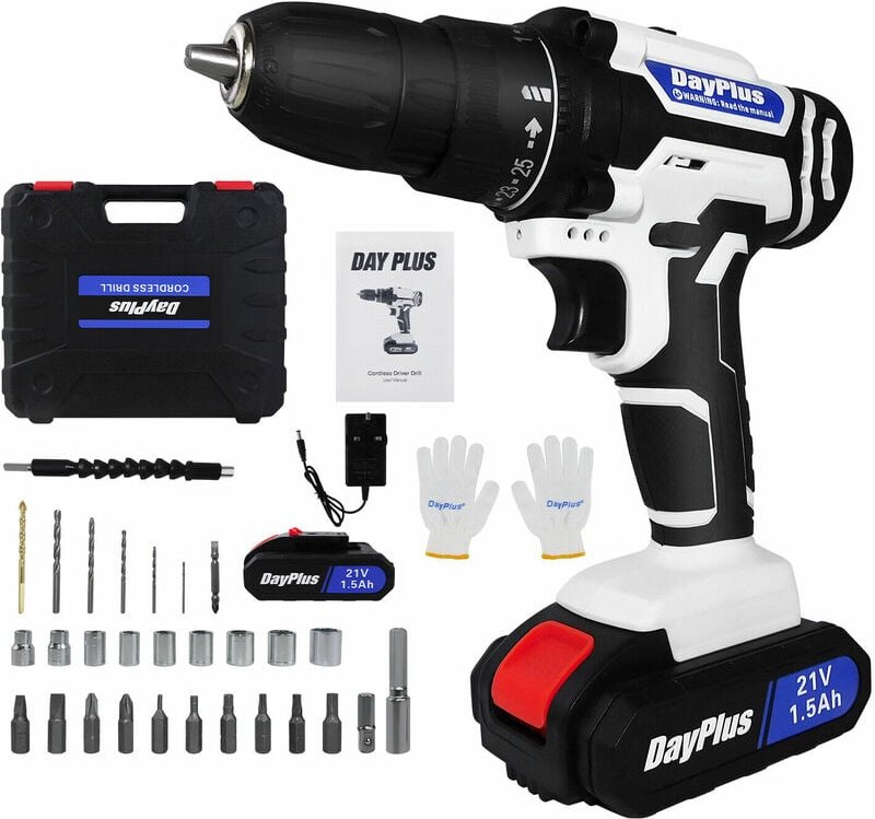 Akku-Bohrschrauber Akkuschrauber Set 21V mit led Licht (1 Akku, 1.5 Ah, Max. Drehmoment: 45Nm, 25+1 Drehmomentstufen, 29...