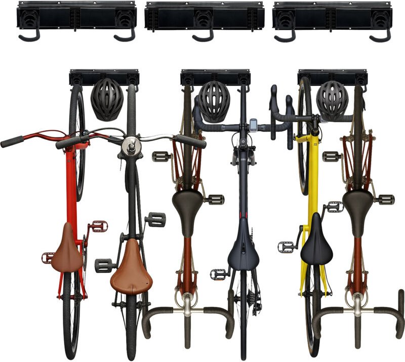 Fahrrad Wandhalterung, 6 Fahrräder & Helme, hochkant, Schienen mit verstellbaren Haken, Fahrradhalter, schwarz - Relaxda...