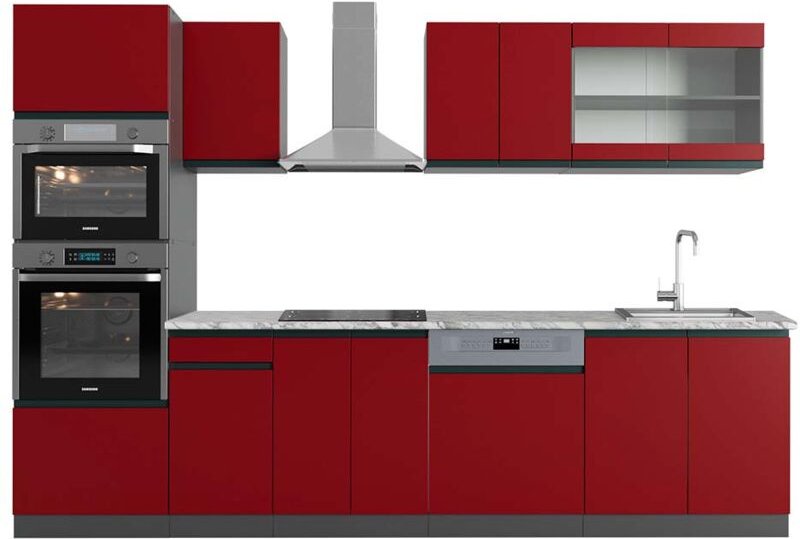 Küchenzeile R-Line, Rot/Anthrazit, 300 cm mit Hochschrank, AP Marmor, Vicco