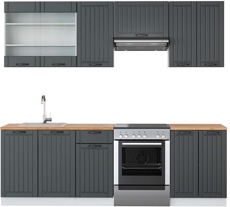 Küchenzeile Fame-Line, Anthrazit Landhaus/Weiß, 240 cm , AP Eiche, Vicco