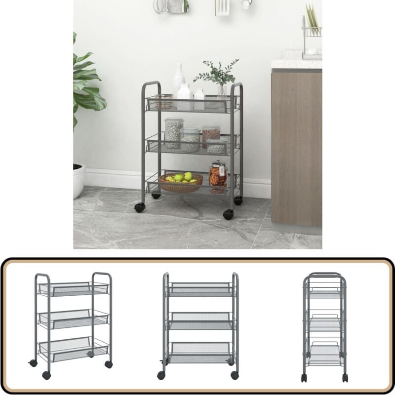 Küchenwagen 3 Etagen Grau 46x26x64 cm Eisen - Küchentrolley - Küchenwagen - Rollcontainer - Lagerung - Organisation