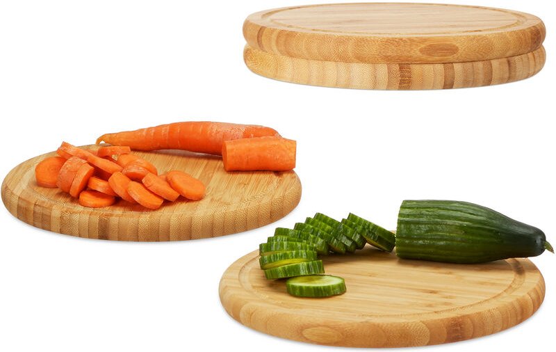 Thumbnail - Relaxdays Frühstücksbrettchen rund 4er Set, Bambus, 30 cm, Küchenbrett, pflegeleicht, natürlich, messerschonend, natur