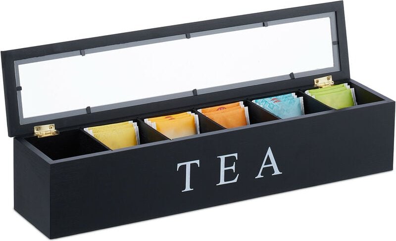 Relaxdays - Teebox, 6 Fächern, Bambus, h x b x t: 9 x 43,5 x 9 cm, für Tee & Kaffeepads, Teebehälter mit Deckel, schwarz