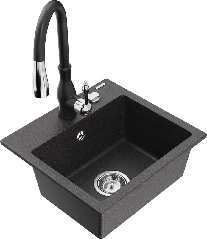 Milo 1-Becken-Granit-Spüle mit Mischbatterie Savita, Schwarz gesprenkelt - 6505-76-672601-70 - Mexen