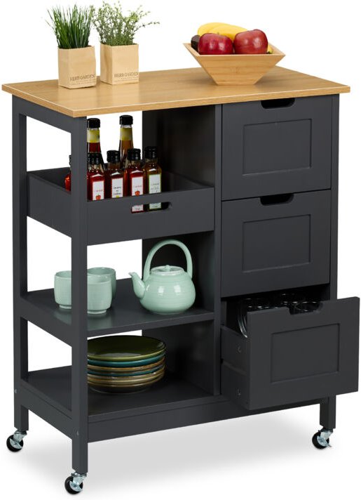 Küchenwagen, Arbeitsplatte, 3 Schubladen, 3 Fächer, hbt: 85x68,5x38,5 cm, Kücheninsel auf Rollen, grau/natur - Relaxdays