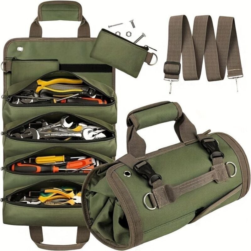 Thumbnail - Werkzeugtasche zum Aufrollen, tragbarer, faltbarer Rollup-Organizer mit 2 kleinen Taschen, aufrollbare Werkzeugtragetasc...