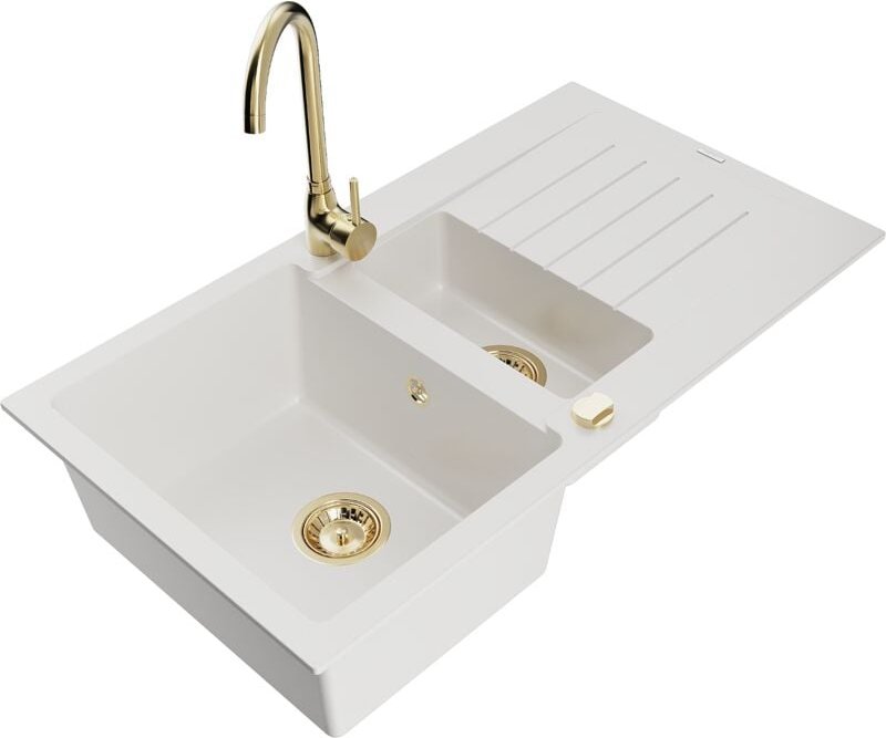 Matias 1,5-Becken-Granitspüle mit Abtropffläche und Mischbatterie Telma, Weiß - 6502-20-670200 - Mexen