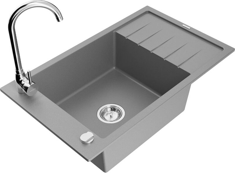 Elias 1 Becken-Granitspüle mit Abtropffläche und Mischbatterie Telma, Grau - 6511-71-670200-00 - Mexen