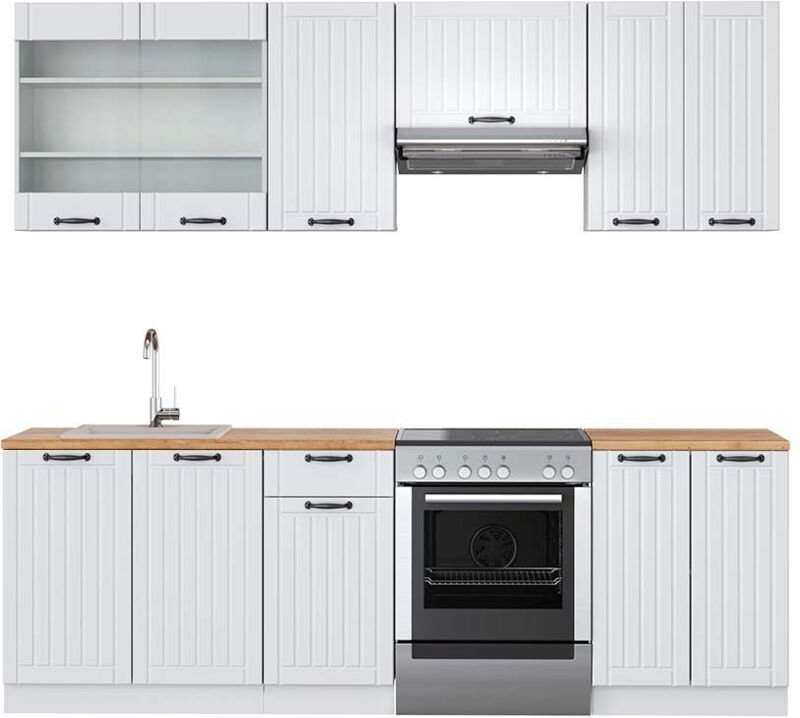 Vicco - Küchenzeile Fame-Line, Weiß Landhaus/Weiß, 240 cm , ap Eiche