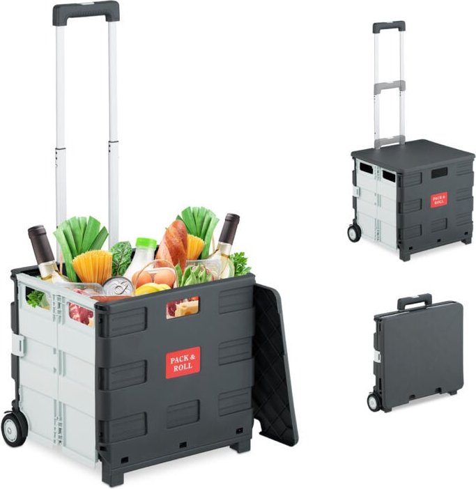 Relaxdays Einkaufstrolley, klappbar, Einkaufskorb mit Rollen, Deckel & Teleskopgriff, bis 35 kg, Rollkiste, weiß/grau