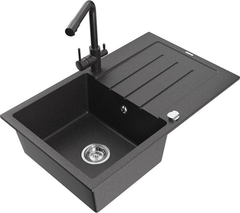 Bruno 1 Becken-Granitspüle mit Abtropffl√§che und Mischbatterie Duero, Schwarz gesprenkelt - 6513-76-671600-76 - Mexen