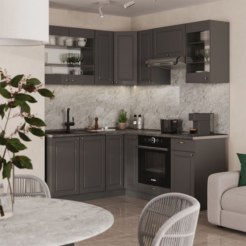 Eckküche Fame-Line, Anthrazit-Gold Landhaus, 190 x 46 cm ohne Arbeitsplatte, Vicco