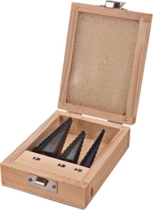 Dema - hss Stufenbohrer Satz Set 3 tlg Holzkasten Schälbohrer Kegelbohrer Kegelsenker