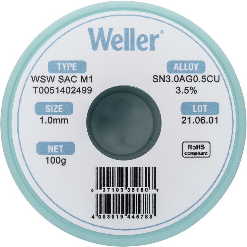 Weller - T0051402499 Lötzinn, bleifrei Spule, bleifrei Sn3,0Ag0,5Cu 100 g 1 mm