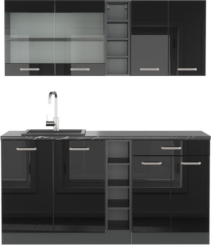 Thumbnail - Vicco - Singleküche R-Line, Schwarz Hochglanz/Anthrazit, 160 cm , ap Anthrazit