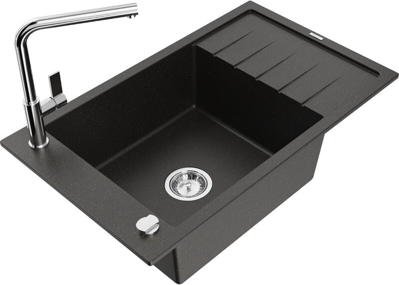 Elias 1 Becken-Granitspüle mit Abtropffläche und Mischbatterie Flora, Schwarz/Gold metallisch - Mexen