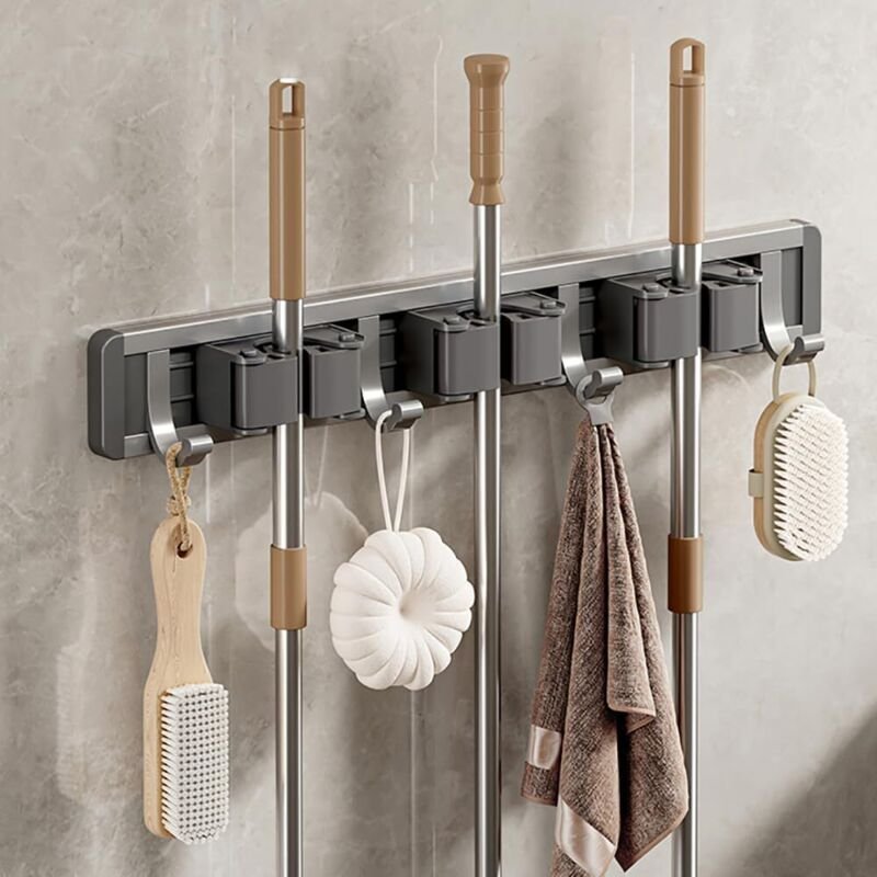 Besenhalter aus Aluminium zur Wandmontage, ohne Bohren, Klebehalter mit Haken, Aufbewahrung, Werkzeughalter für Küche, G...