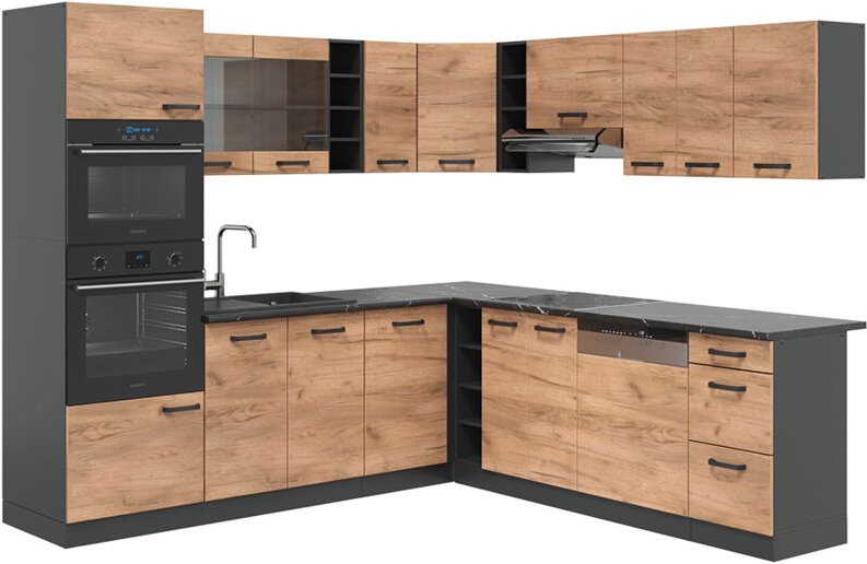 Vicco - Eckküche R-Line, Anthrazit/Goldkraft Eiche, 237 x 247 cm , ap Anthrazit