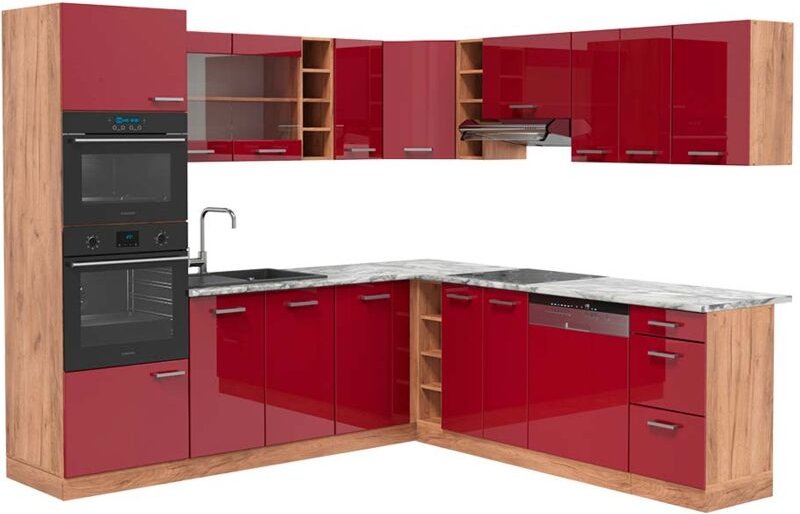 Thumbnail - Vicco - Eckküche R-Line, Bordeaux Hochglanz/Goldkraft Eiche, 237 x 247 cm , ap Marmor