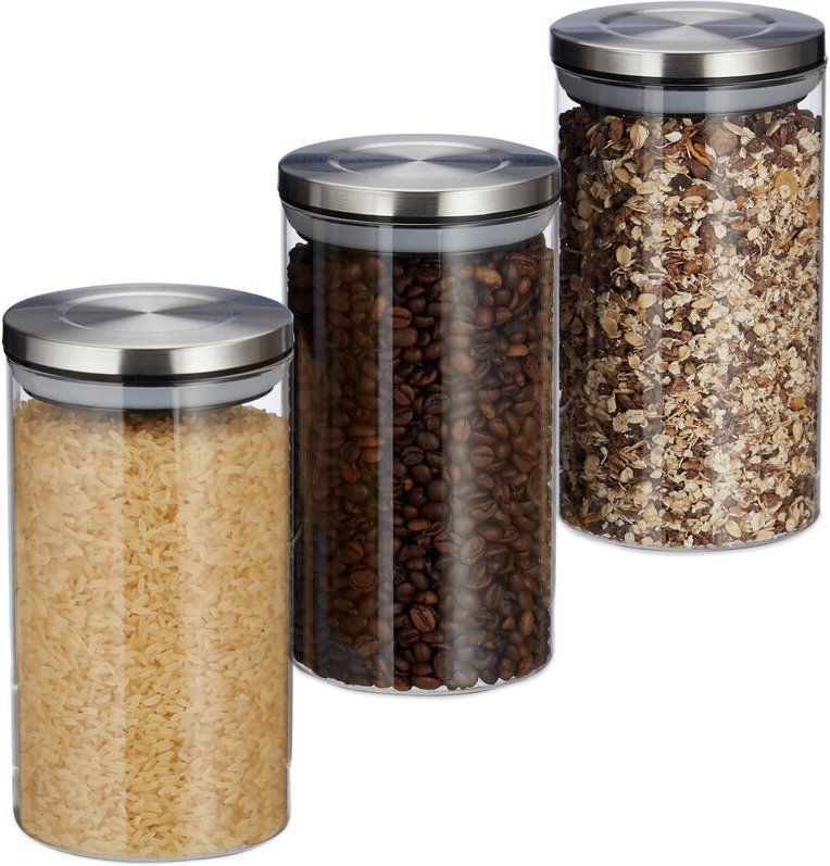 Vorratsglas 3er Set, je 1 l, luftdicht, Edelstahl Deckel, für Pasta, Müsli & Reis, Küchenbehälter, transparent - Relaxda...
