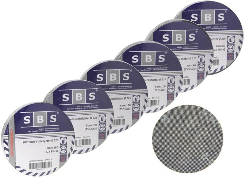 SBS - 150 Blatt Klett Gitterleinen Schleifgitter 225mm Sortiment Körnung 60-180