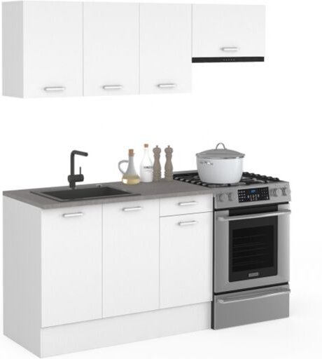 Idmarket - Komplettküche 180 cm subtil mit 5-teiliger Arbeitsplatte in Weiß und Betonplatten