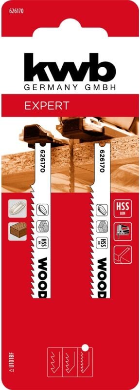 kwb 2x Stichsägeblätter Hartholz, GFK (geeignet für Hartholz, GFK-Kunststoff, Bi-Metall, gehärtete Zähne, T-Schaft)
