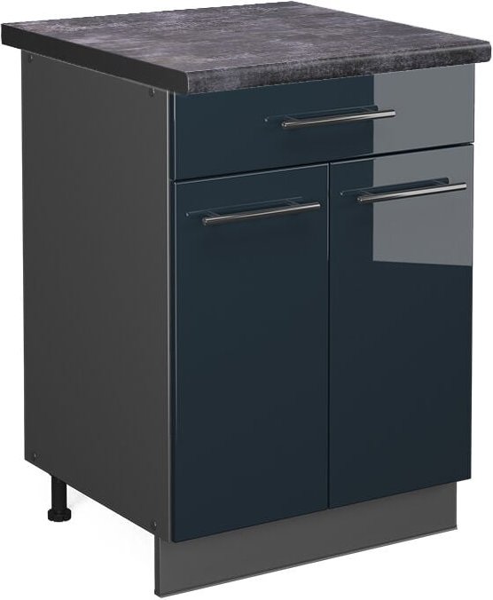 Vicco - Küchenschränke Fame-Line, Dunkelblau Hochglanz, 80 cm , ap Eiche