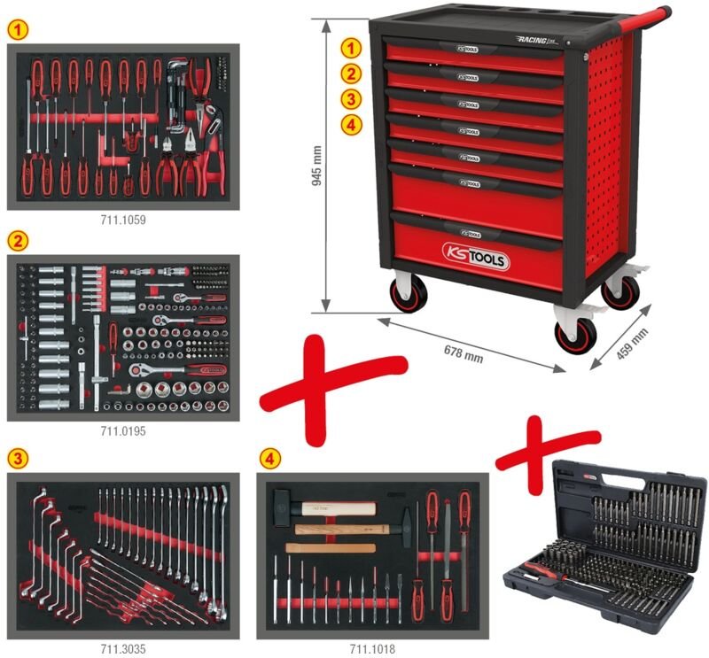 Ks Tools RACINGline schwarz/rot Werkstattwagen mit 7 Schubladen und 515 Premium-Werkzeugen