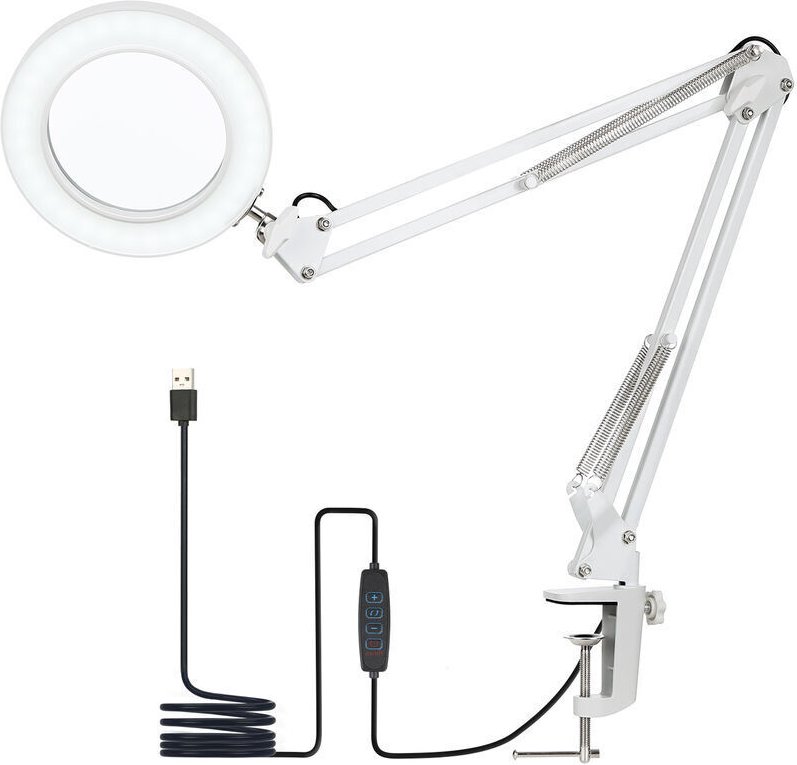 Klemm-Tischlampe, Schreibtischlampe, mit 8-facher Lupe, Schwenkarm, dimmbare led, 3 Farbmodi, 10 Helligkeitsstufen