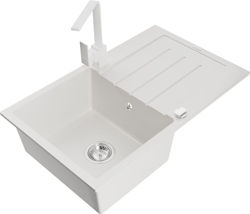 Bruno 1 Becken-Granitspüle mit Abtropffläche und Mischbatterie Rita, Weiß - 6513-20-670300-20 - Mexen