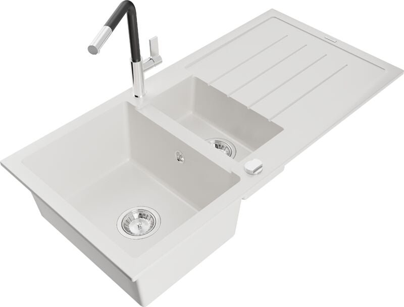 Andres 1,5-Becken-Granitspüle mit Abtropffläche und Mischbatterie Flora, Weiß - 6515-20-670401 - Mexen