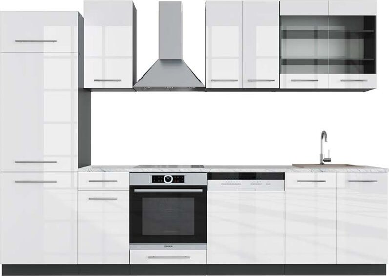 Vicco - Küchenzeile Fame-Line, Weiß Hochglanz/Anthrazit, 300 cm , ap Marmor