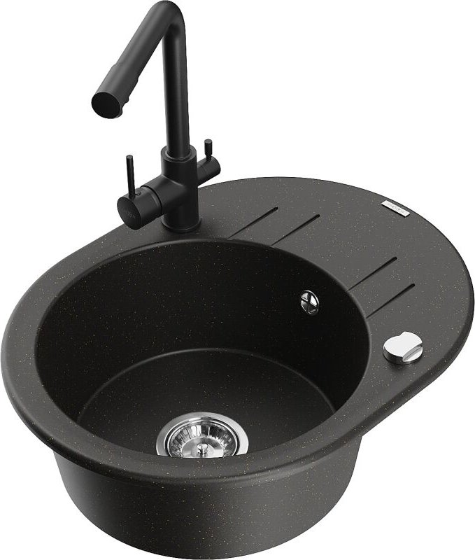 Kevin 1 Becken-Granitspüle mit Abtropffl√§che und Mischbatterie Duero, Schwarz/Gold metallisch - 6517-75-671600-70 - Mex...