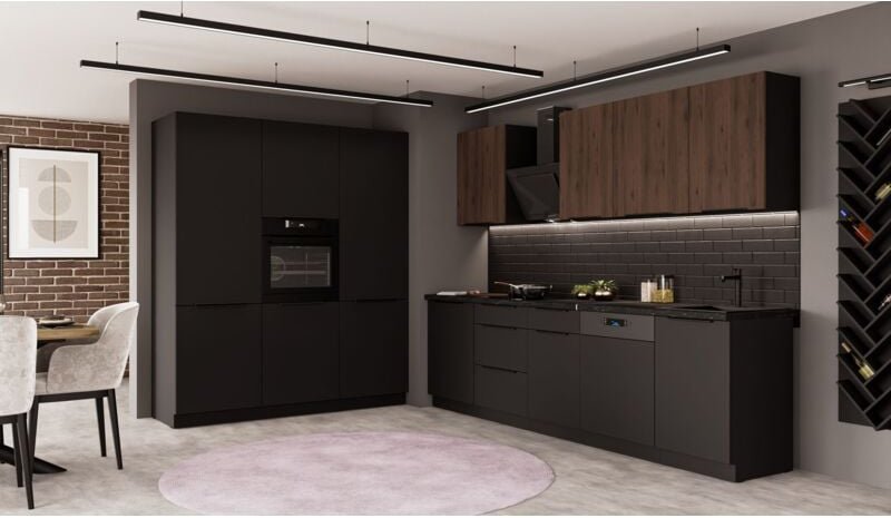 Küchen Preisbombe - Küche siena + monza 280 + 180 cm Küchenzeile Küchenblock Einbauküche Nussbaum Okapi + Schwarz matt