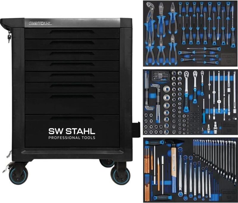 SW-Stahl Z3117 Profi Werkstattwagen TT801 schwarz I 8 Schubladen I 3 Schubladen gefüllt I 213 teilig I Werkstatt Rollwag...