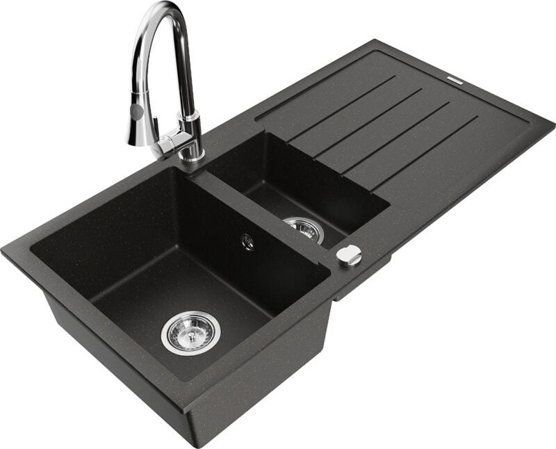 Andres 1,5-Becken-Granitspüle mit Abtropffläche und Mischbatterie Elia, Schwarz/Gold metallisc - Mexen