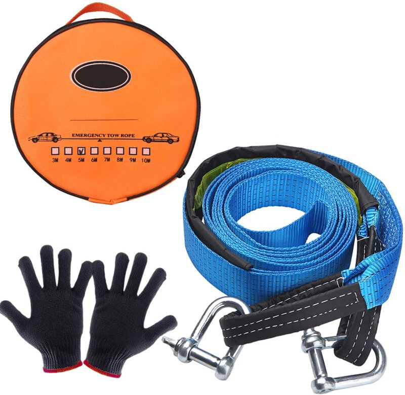 Auto-Abschleppseil, 5 m, 8 t, Auto-Abschleppgurt mit 2 Schäkeln, rutschfesten Handschuhen und Aufbewahrungstasche, Outso...