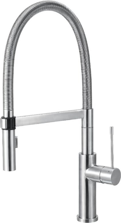 Quellmalz - Einhebelmischer mit Brauseschlauch mit Metallfeder - Edelstahl matt gebürstet, Hochdruck