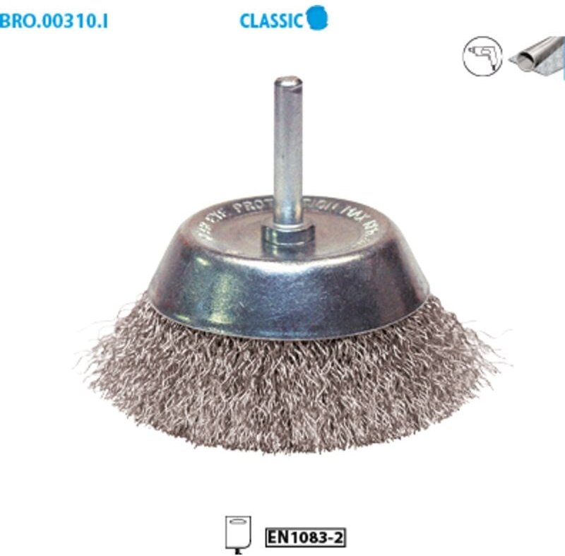 Konische Drahtbürste aus gewelltem Edelstahl für Metall Classic ø 75 ø Griff 6 Länge nützlich 30 Fil 0,30