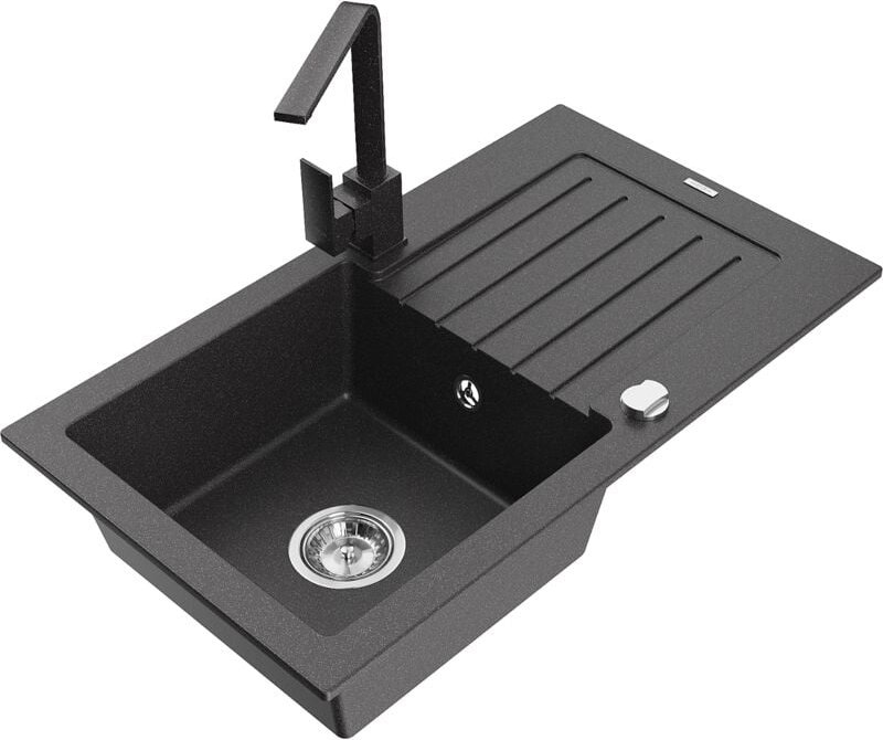 Pablo 1 Becken-Granitspüle mit Abtropffläche und Mischbatterie Rita, Schwarz gesprenkelt- 6510 - Mexen