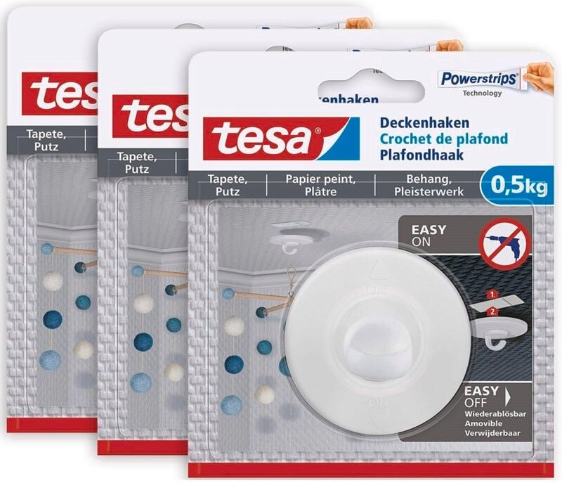 Thumbnail - Selbstklebender Deckenhaken Tapeten & Putz im 3er Pack - ideal zur Befestigung von Deko-Objekten - hält bis zu 0,5 kg/Ha...