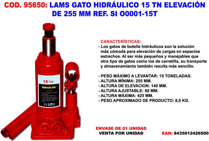 Lams Hydraulikheber für Gewichte bis 15 Tonnen, 255 mm hoch (höhenverstellbar) und bis zu 140 mm Hub ref. ja O0001-