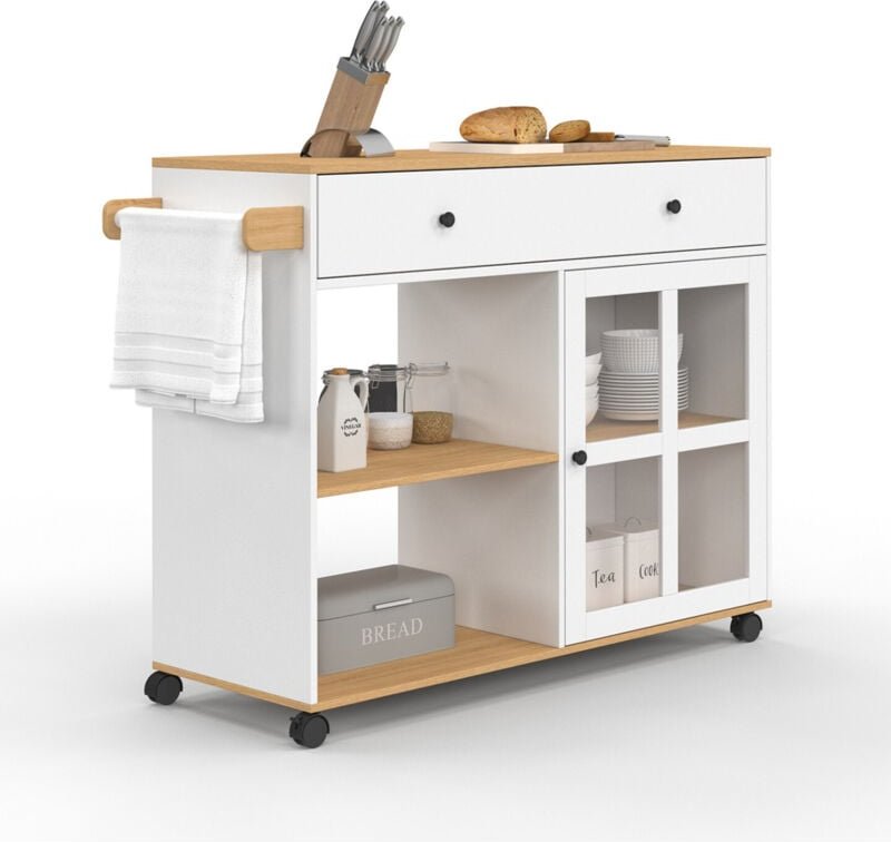 Küchenwagen ACHILLE XXL mit Regal und verglastem Schrank aus Holz und Weiß B.100 CM