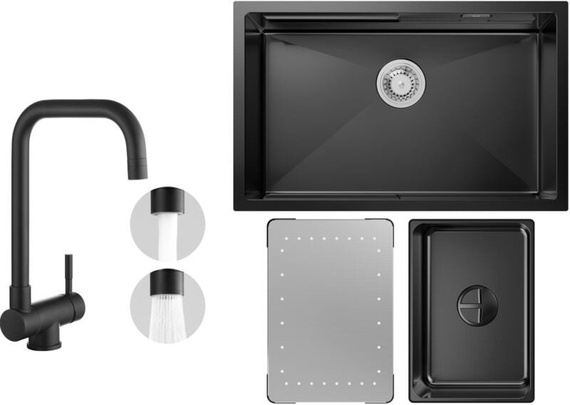 Küchenspüle 1.5 Becken 70x44cm EdelstahlSpüle Anthrazitschwarz Unterbauspüle + Fenster-Küchenarmatur Schwarz Hohe 355MM