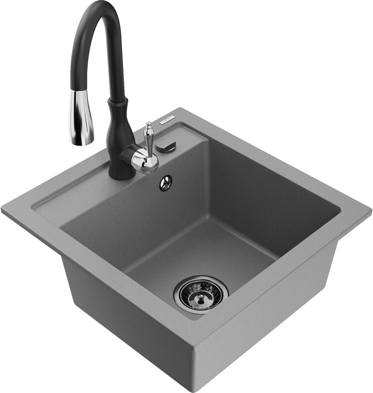 Mexen Vito 1-Becken-Granit-Spüle mit Mischbatterie Savita, Grau - 6503-71-672601-70-B