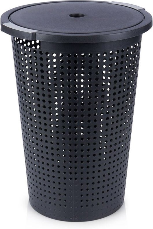 Perforated black laundry basket with openable lid