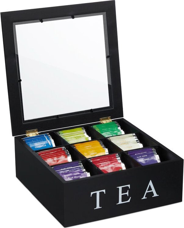 Relaxdays - Teebox, 9 Fächer, Teebeutel Aufbewahrung, aus Bambus, Teekiste, Sichtfenster, hbt 9x23,5x23,5 cm, schwarz/we...