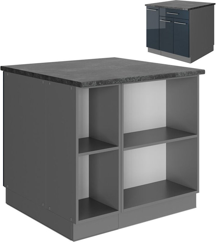 Vicco - Kücheninsel Fame-Line, Dunkelblau Hochglanz/Anthrazit, 90 cm mit Schublade, ohne Arbeitsplatte