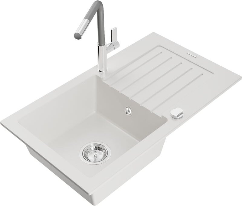 Pablo 1 Becken-Granitspüle mit Abtropffläche und Mischbatterie Flora, Weiß - 6510-20-670401-06 - Mexen